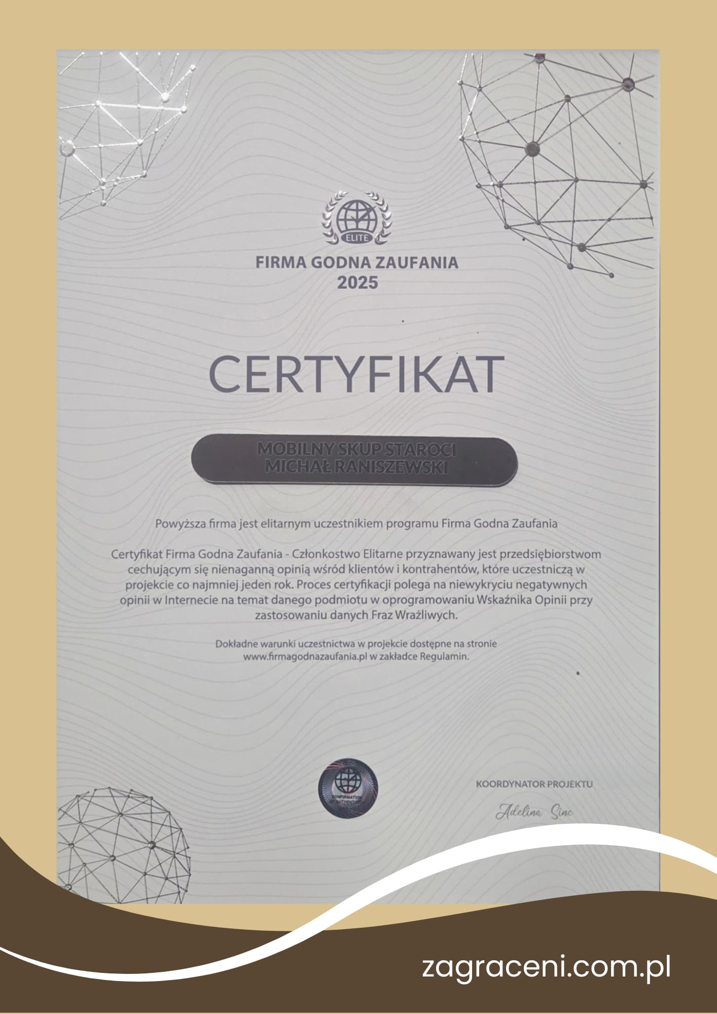 Certyfikat rzetelności firmy Zagraceni