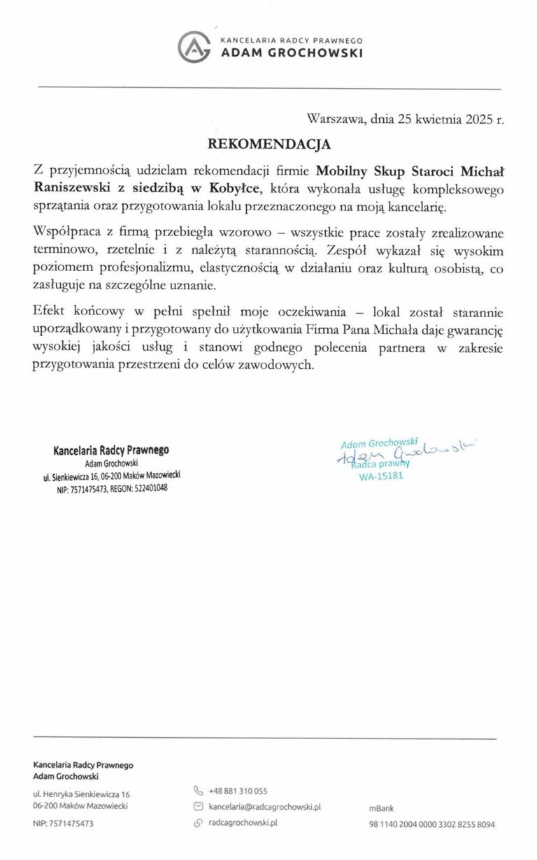 Rekomendacja od Kancelarii Radcy Prawnego Adam Grochowski