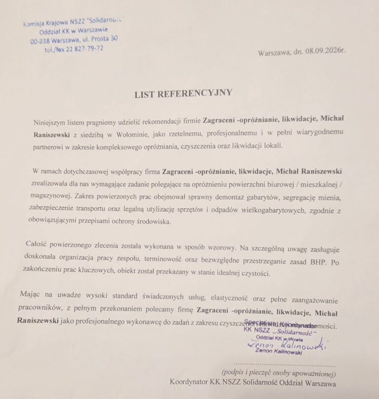 List referencyjny od Komisji Krajowej NSZZ „Solidarność”, Oddział Warszawa